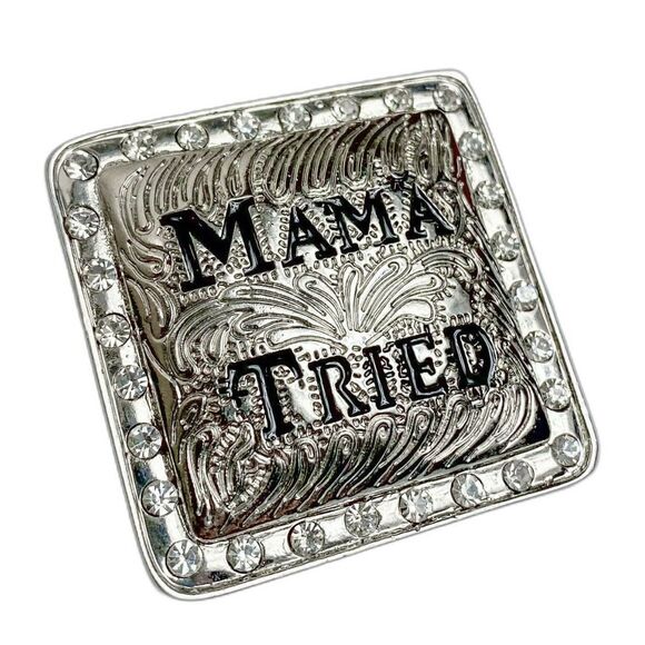 Silver "Mama Tried" with Rhinestone Bling Border Square Magnetic Clip-On Pendant - Picture 2 of 4